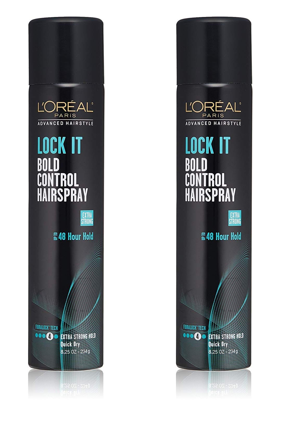 L'Oreal Paris Lock It Bold Control Hairspray bottle front shows bold hold for lasting style.