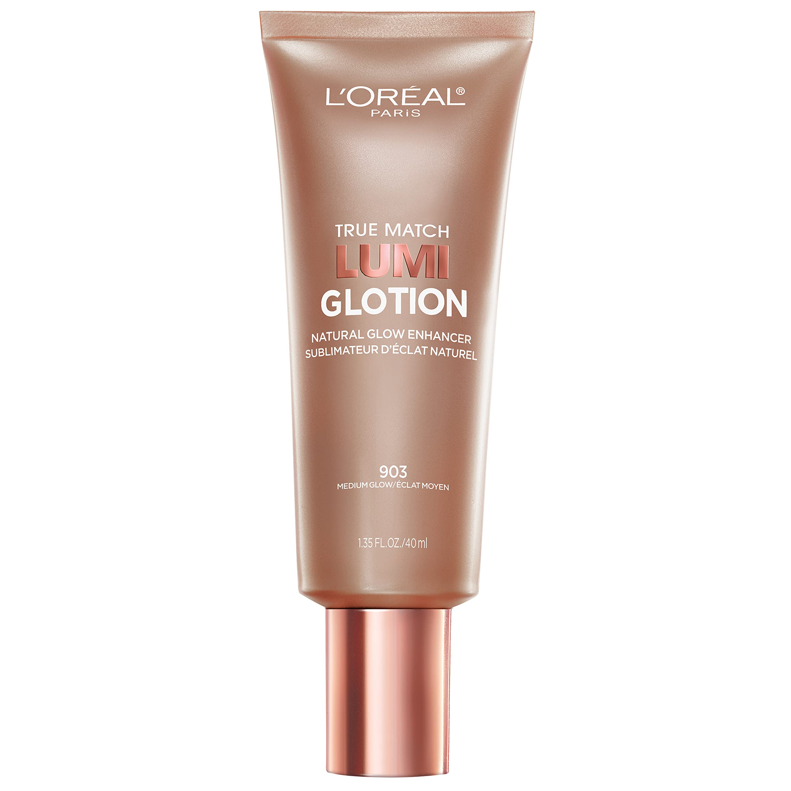L'Oreal Paris Lumi Glotion face application closeup highlighting a natural glow.