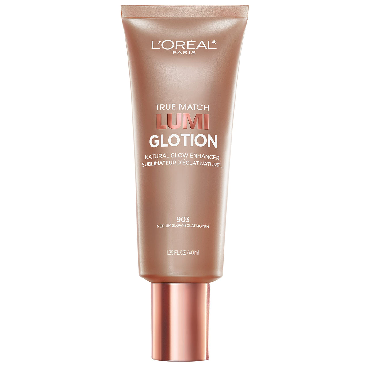 L'Oreal Paris Lumi Glotion face application closeup highlighting a natural glow.
