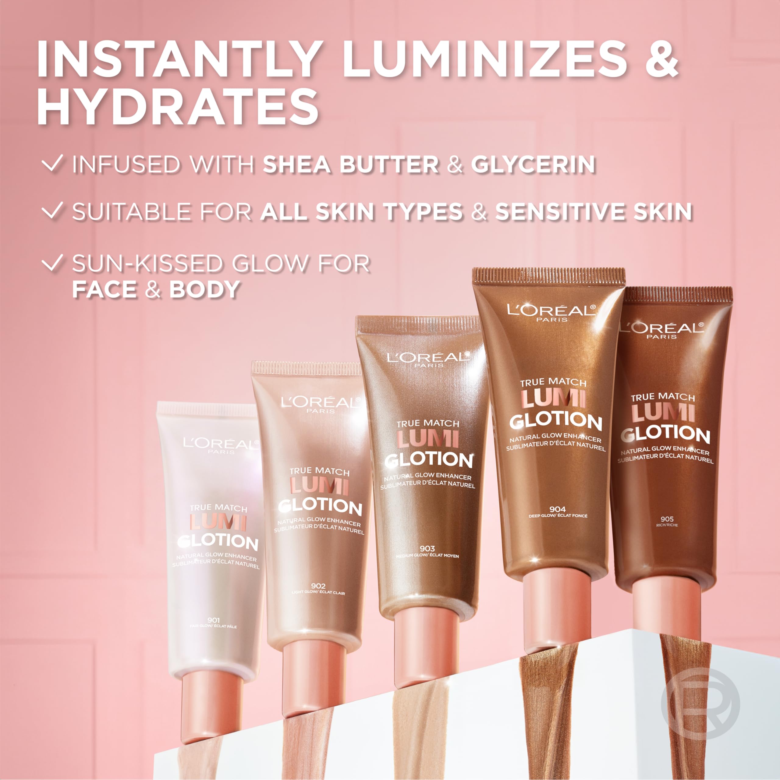 L'Oreal Paris Lumi Glotion hydration formula emphasizes glycerin and shea butter.