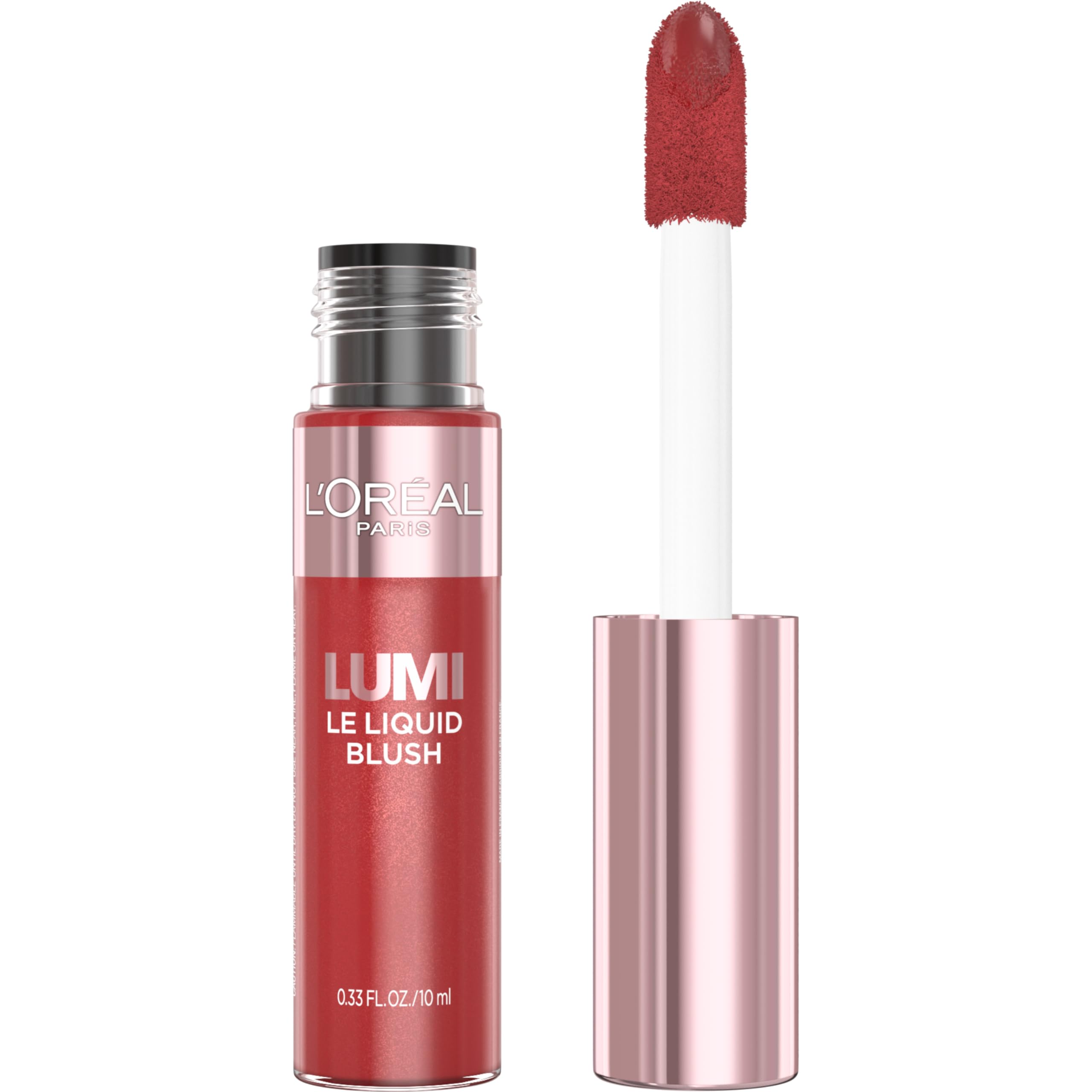 L'Oreal Paris Lumi Le Liquid Blush bottle closeup shows buildable color for radiant day looks.