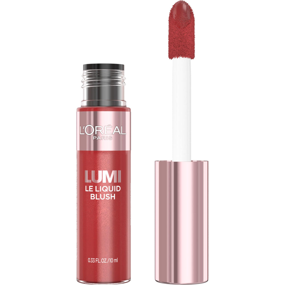 L'Oreal Paris Lumi Le Liquid Blush bottle closeup shows buildable color for radiant day looks.