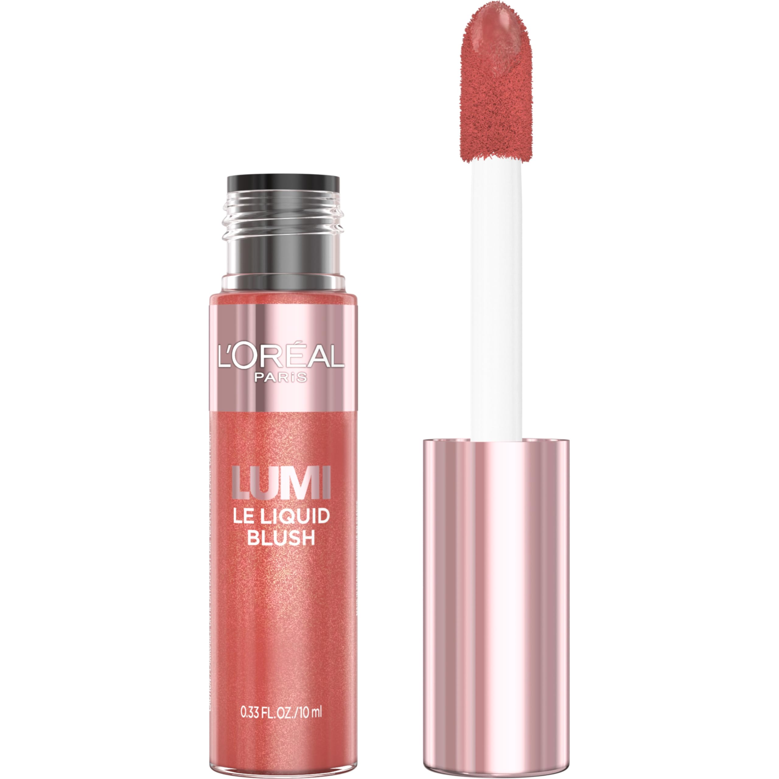 L'Oreal Paris Lumi Le Liquid Blush bright-pink on cheeks for radiant color.