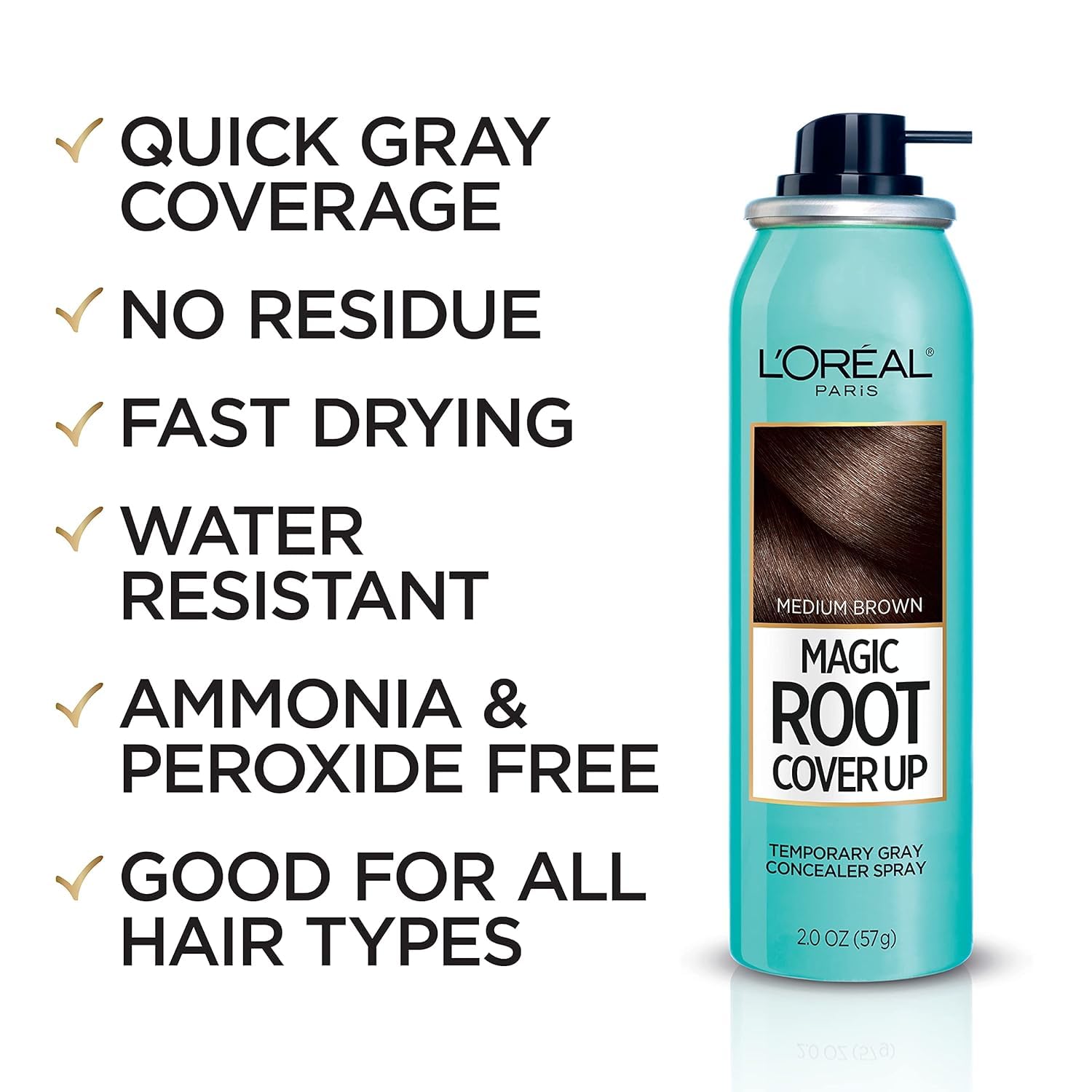 L'Oreal Paris Magic Root Cover Up no synthetic-dyes, lightweight coverage.