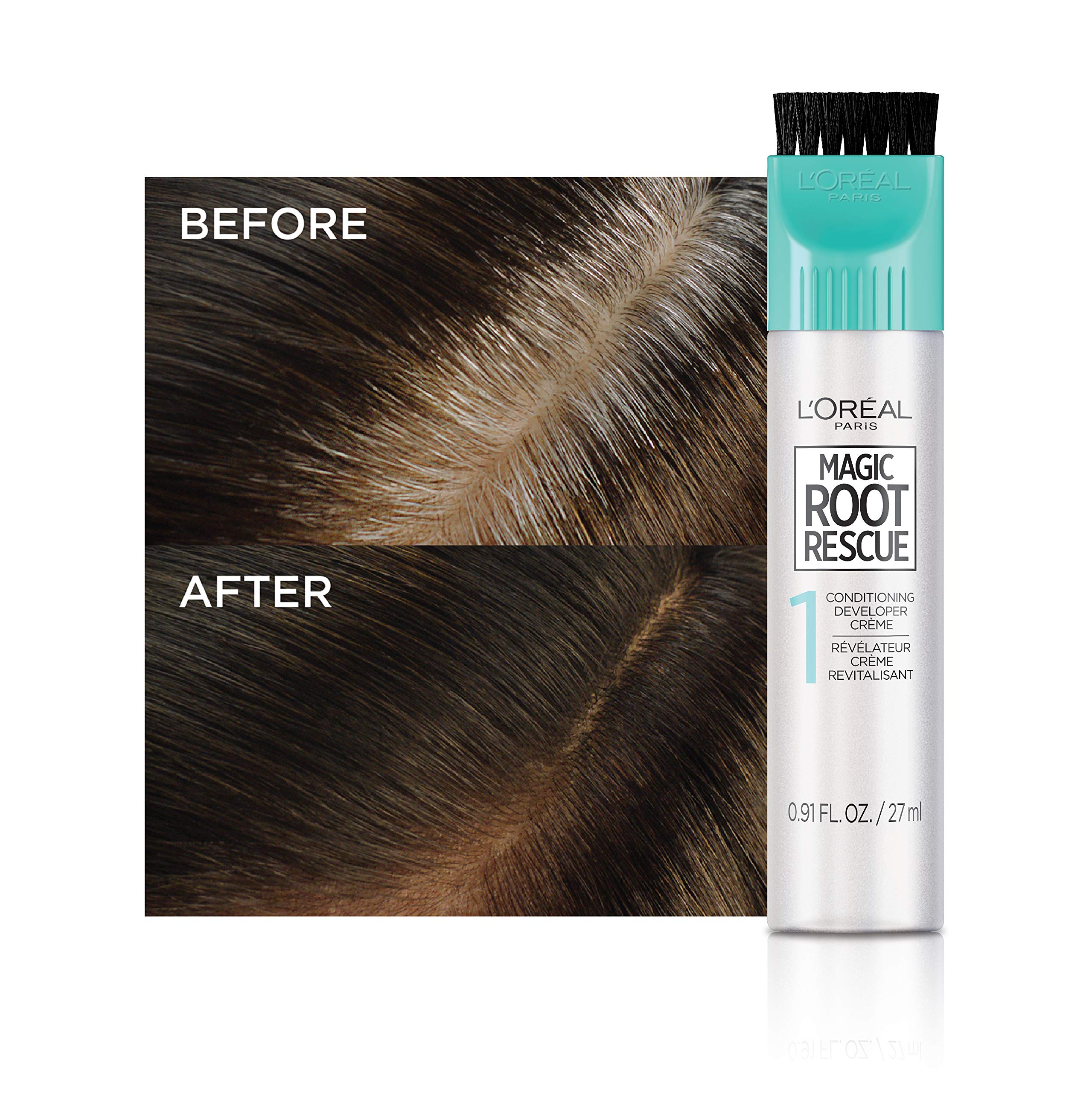 L'Oreal Paris Magic Root Rescue before-after demonstrates subtle root refresh results.