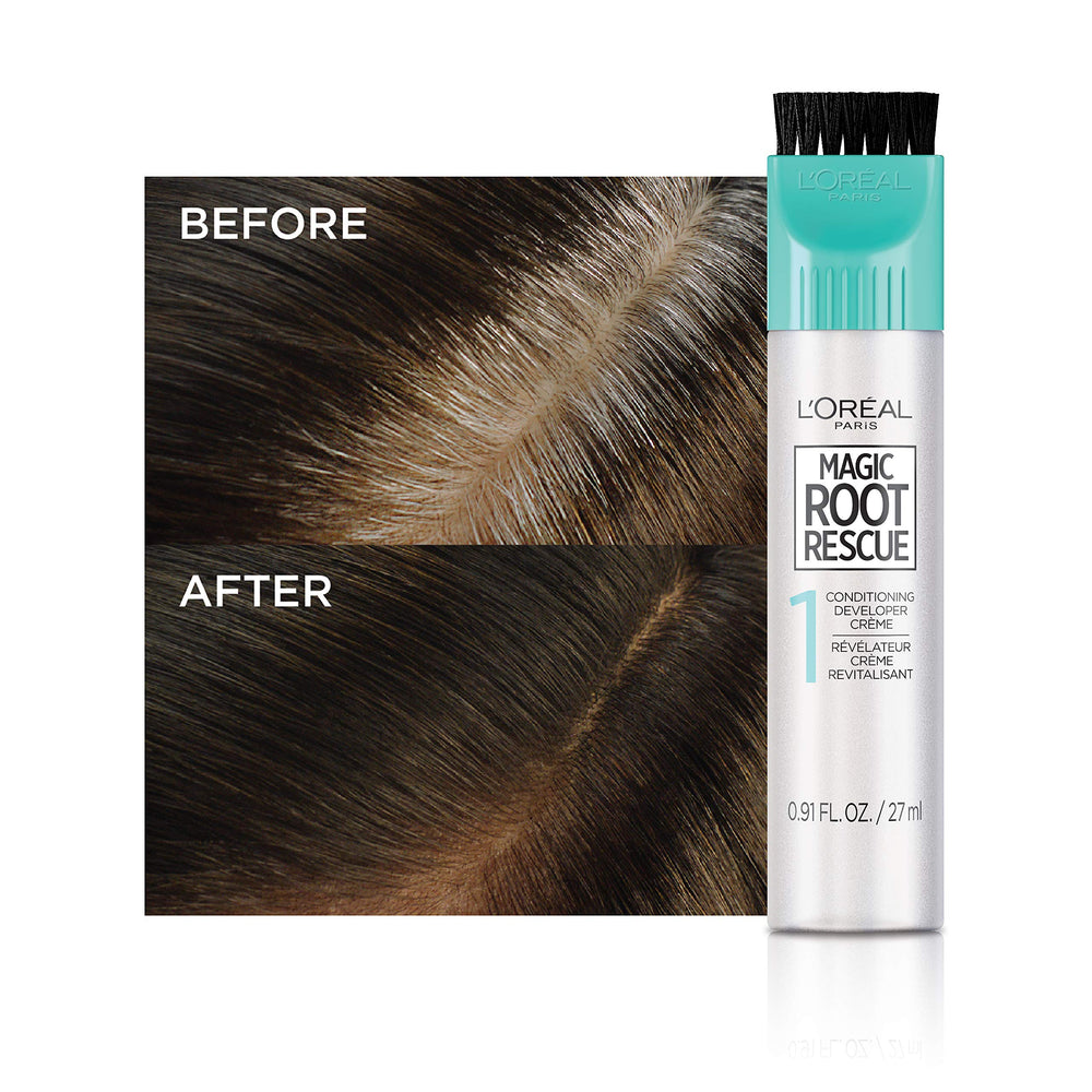 L'Oreal Paris Magic Root Rescue before-after demonstrates subtle root refresh results.
