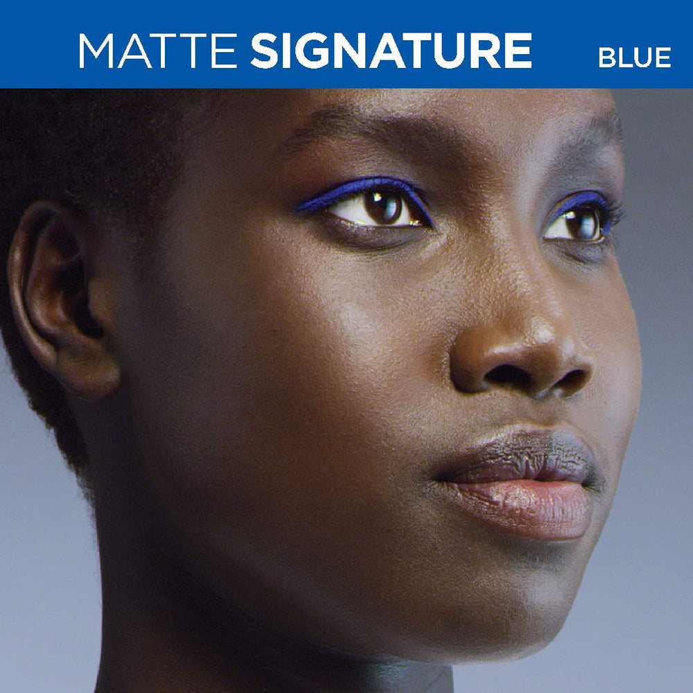 L’Oréal Paris Matte Signature blue matte finish swatch highlighting color payoff.