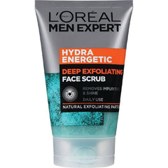 L’Oréal Paris Men Expert face scrub bottle closeup showing deep cleansing action to reduce shine.