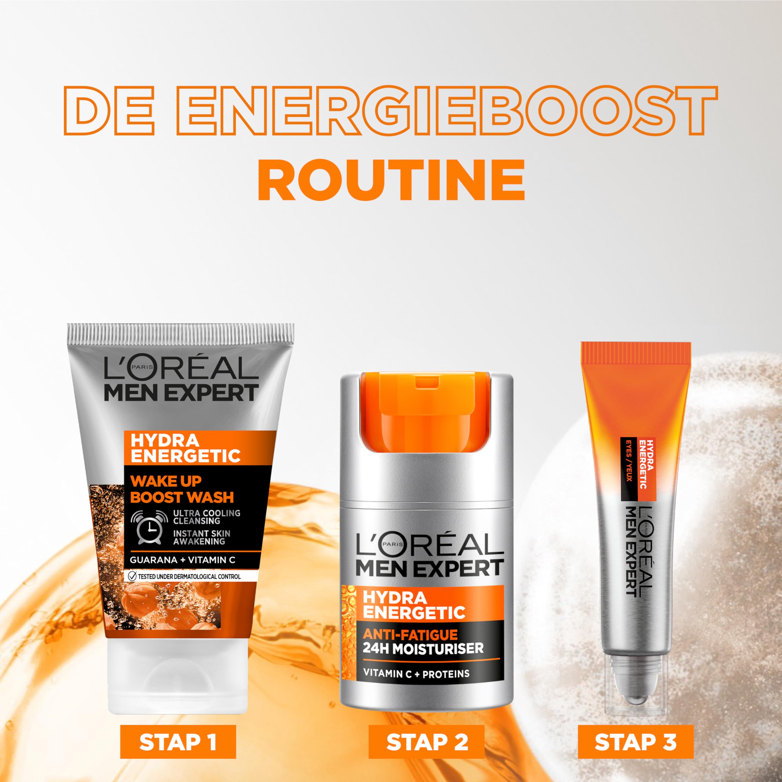 L’Oréal Paris Men Expert Hydra Energetic daily ritual demonstrates quick morning skincare.