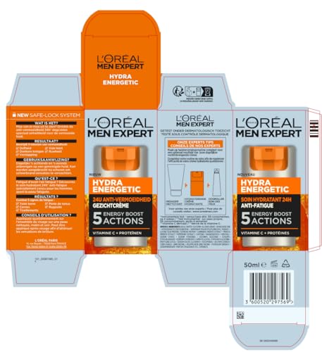 L’Oréal Paris Men Expert Hydra Energetic label closeup highlights vitamin C and guarana.