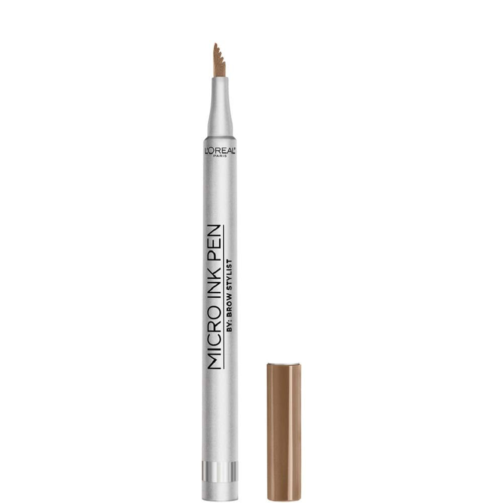 L'Oreal Paris Micro Ink Pen brow tint application shows precise, hair-like strokes for natural definition.