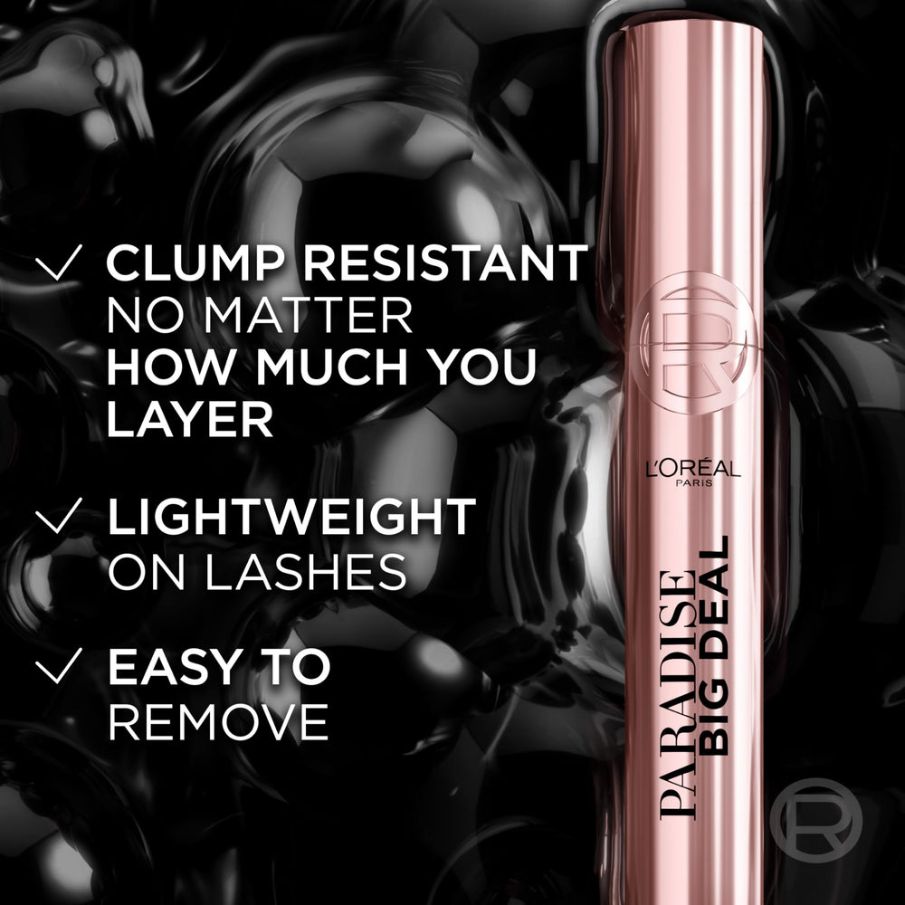 L'Oreal Paris Paradise Big Deal Mascara packaging close-up highlighting lightweight feel.