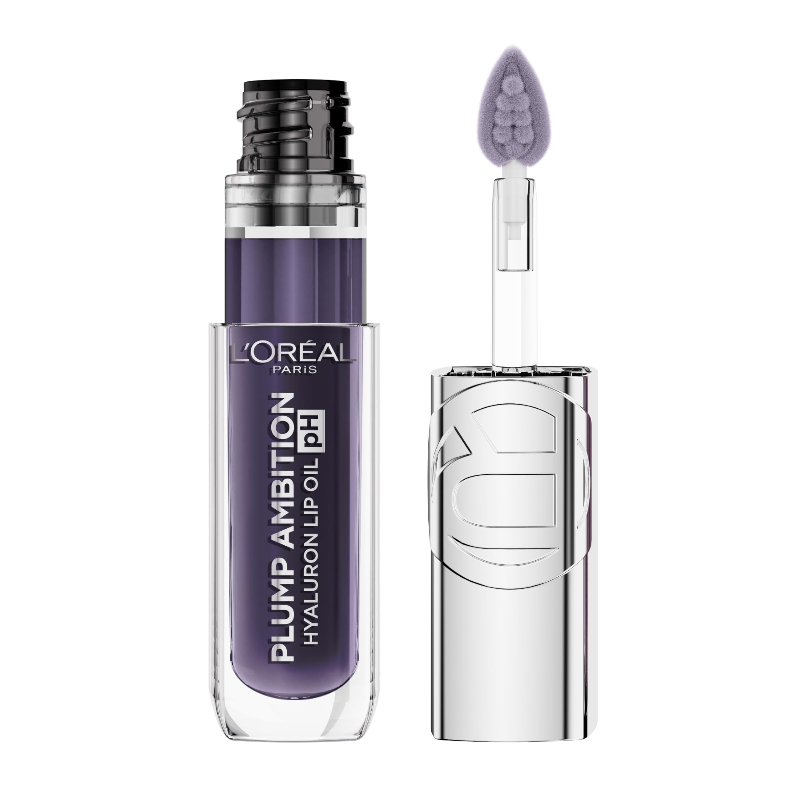 L'Oreal Paris Plump Ambition bottle closeup showing glossy lip oil texture and hydration.