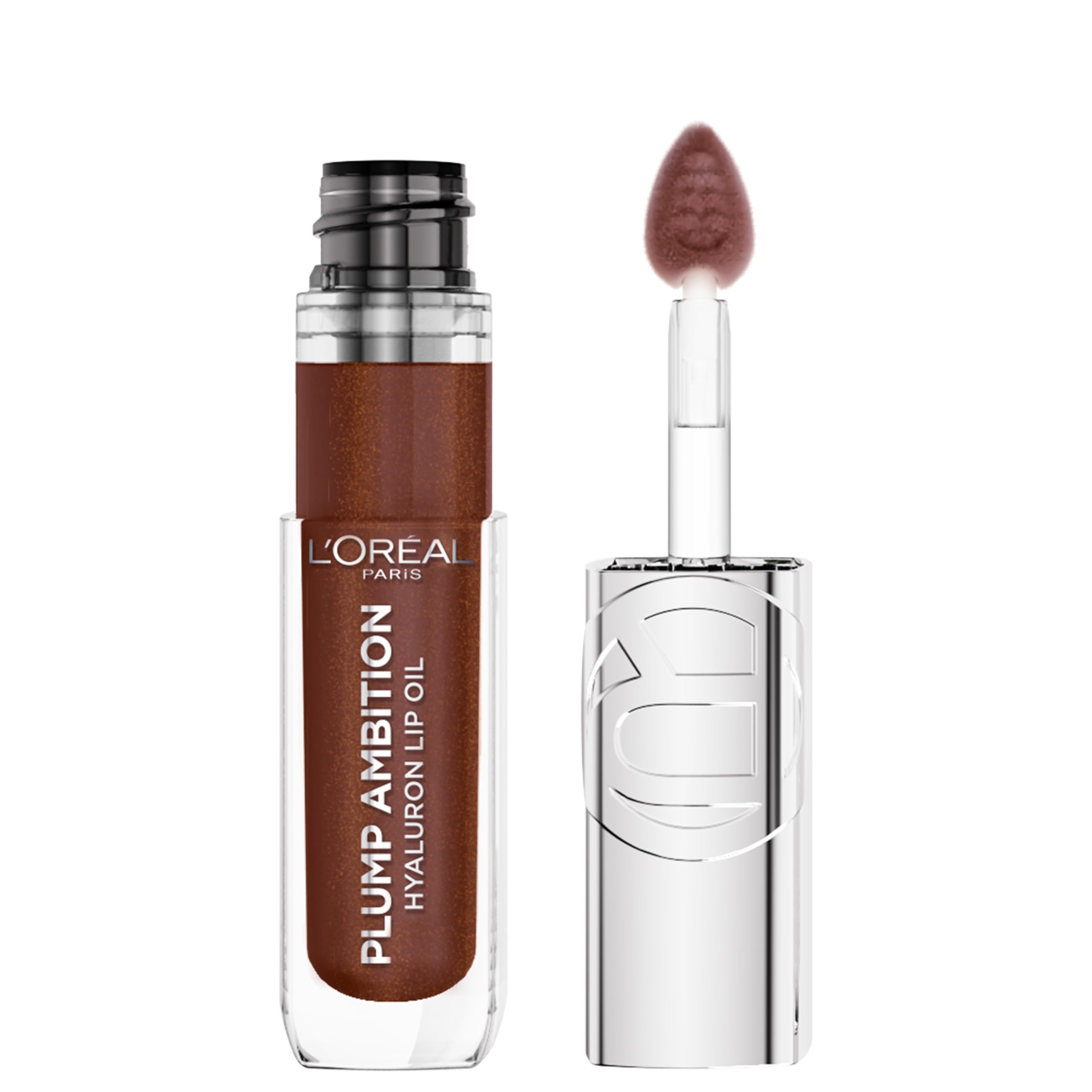 L'Oreal Paris Plump Ambition Hyaluron Lip Oil bottle with glass-like shine and hydration.