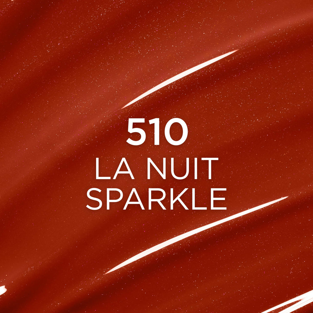 L'Oreal Paris Plump Ambition lip oil displaying glass-like shine on lips.