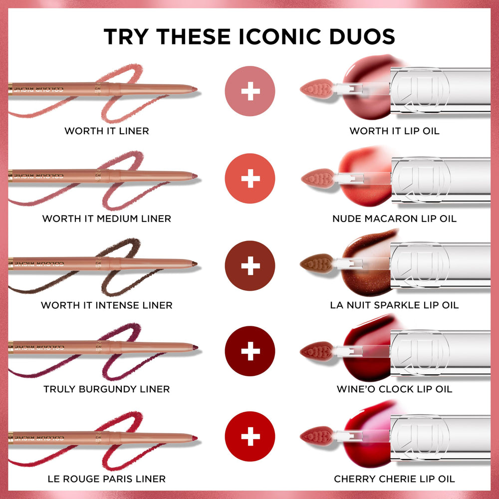 L'Oreal Paris Plump Ambition lip oil shade swatches show 10 shade options.