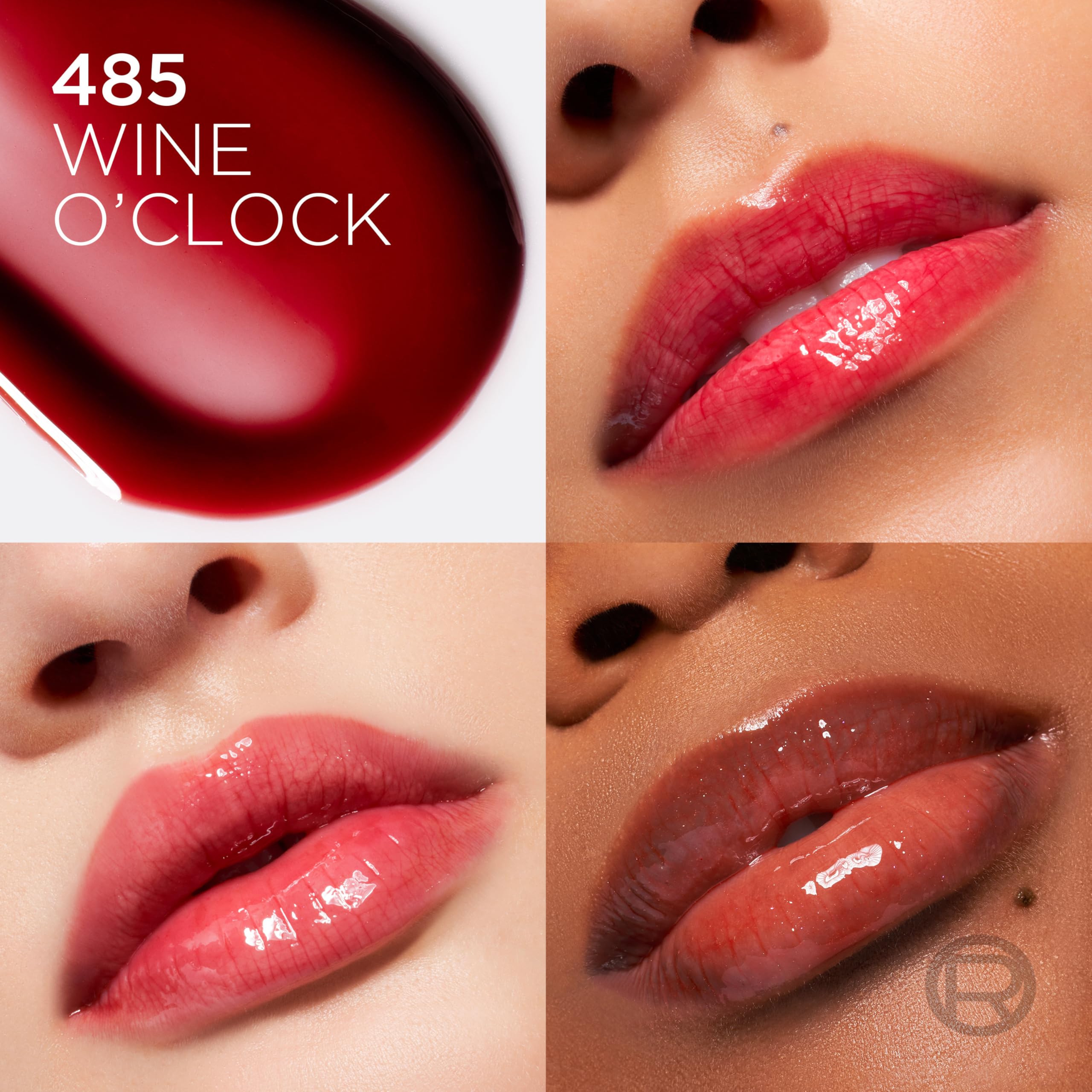 Wine O'clock 485 shade swatch on lips delivering rich color and reflective gloss.