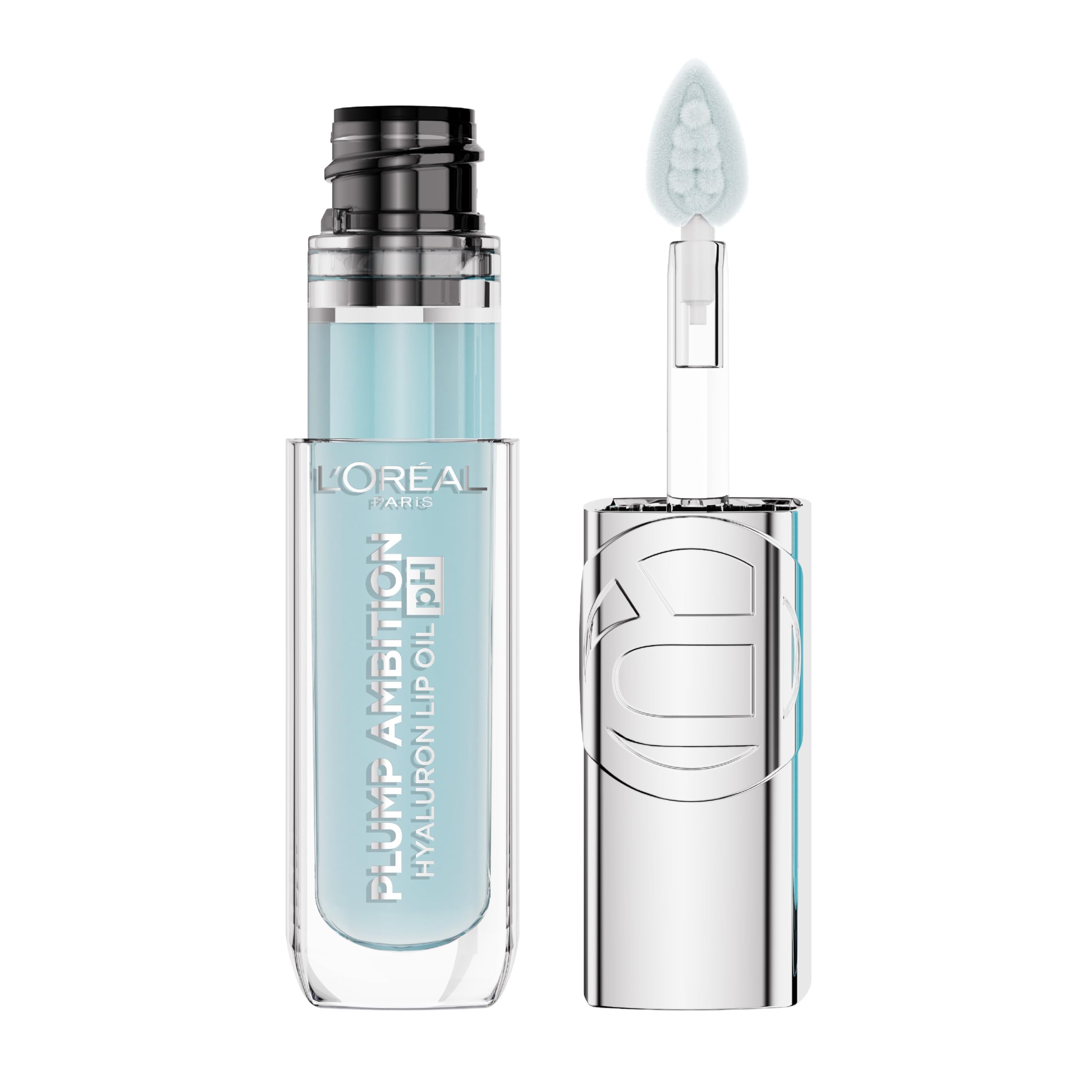 L'Oreal Paris Plump Ambition Lip Oil bottle closeup shows sleek packaging and luxe shine.