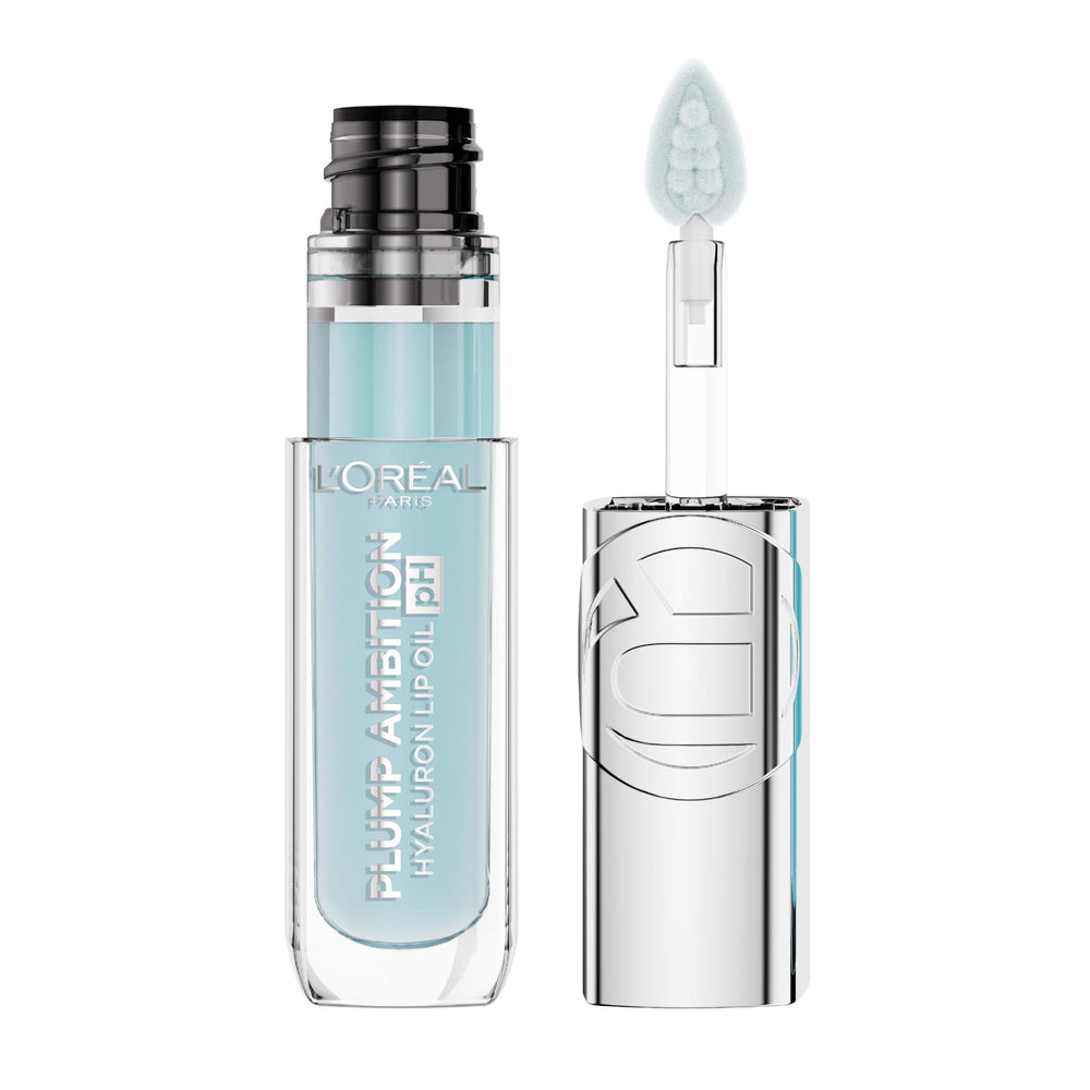 L'Oreal Paris Plump Ambition Lip Oil bottle closeup shows sleek packaging and luxe shine.