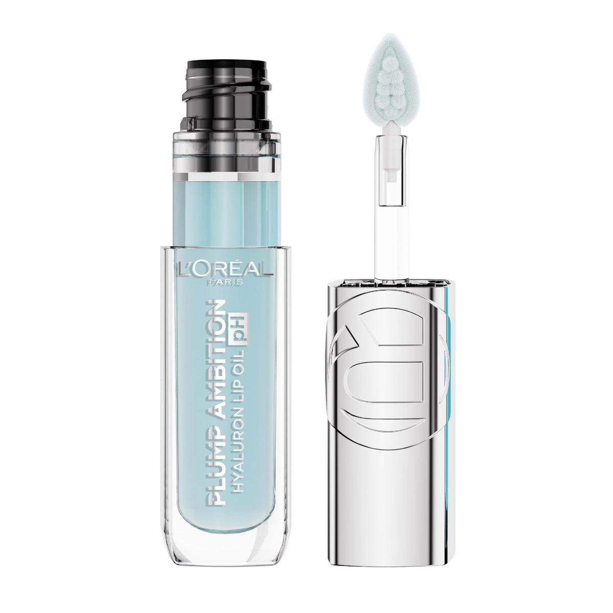 L'Oreal Paris Plump Ambition Lip Oil bottle closeup shows sleek packaging and luxe shine.