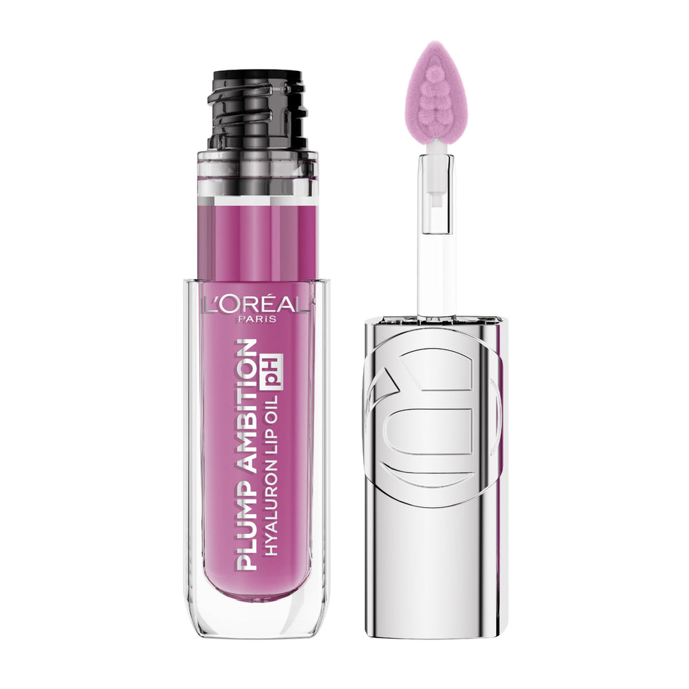L'Oreal Paris Plump Ambition lip oil bottle delivering hydration and color-changing shine.