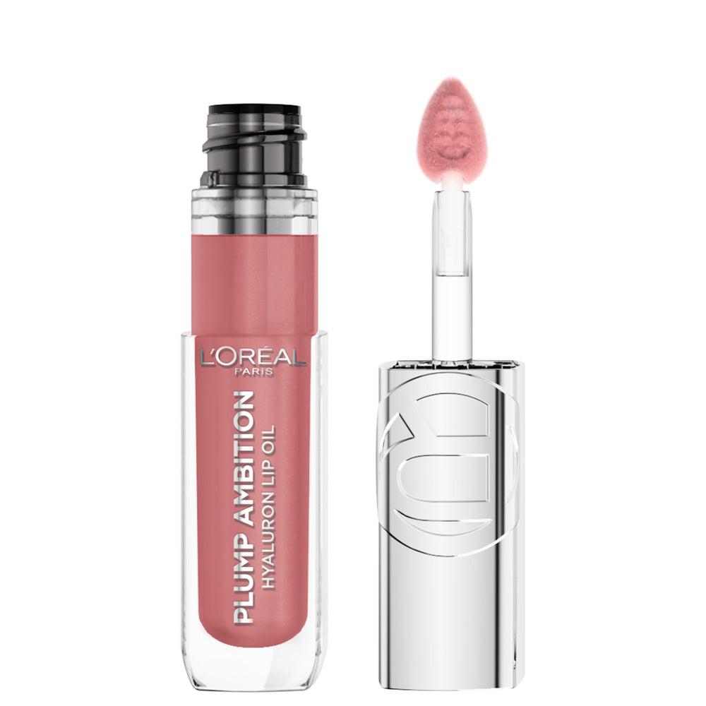 L'Oreal Paris Plump Ambition Lip Oil bottle shows glassy shine and hydration.