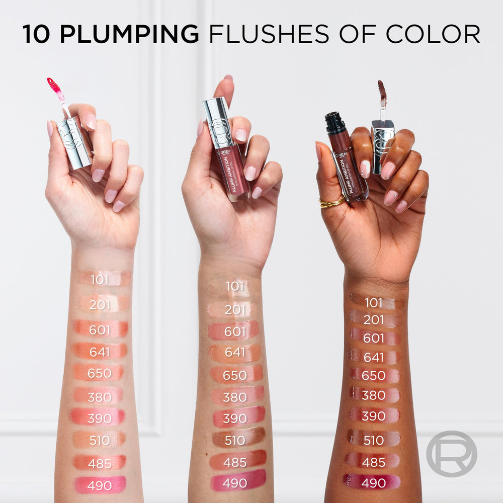 L'Oreal Paris Plump Ambition Lip Oil with Tripeptides nourishes lips.