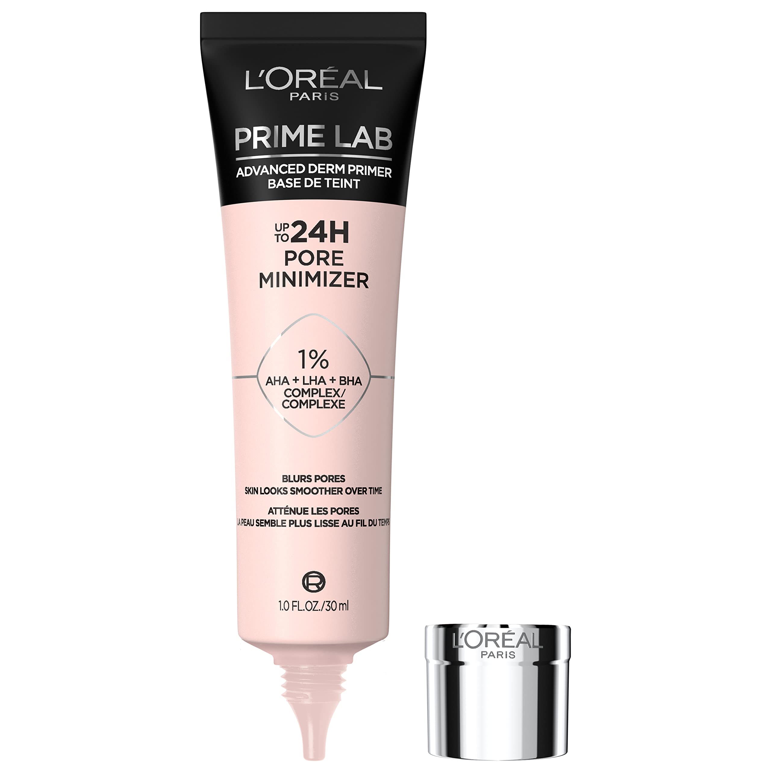 L'Oreal Paris Prime Lab pore-minimizer bottle close-up shows texture refinement for smooth skin.