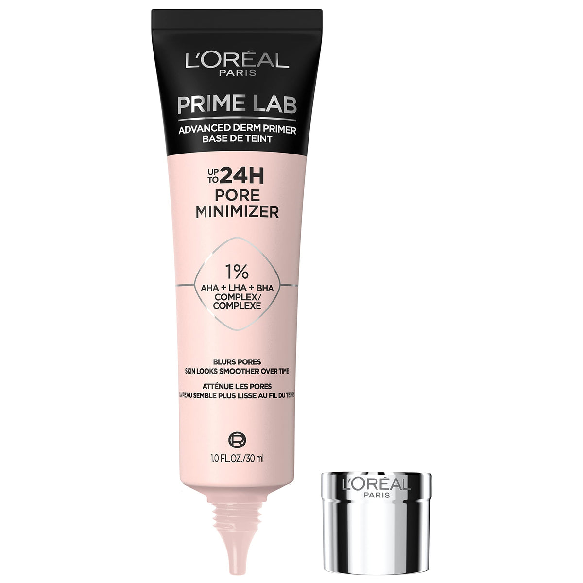 L'Oreal Paris Prime Lab pore-minimizer bottle close-up shows texture refinement for smooth skin.