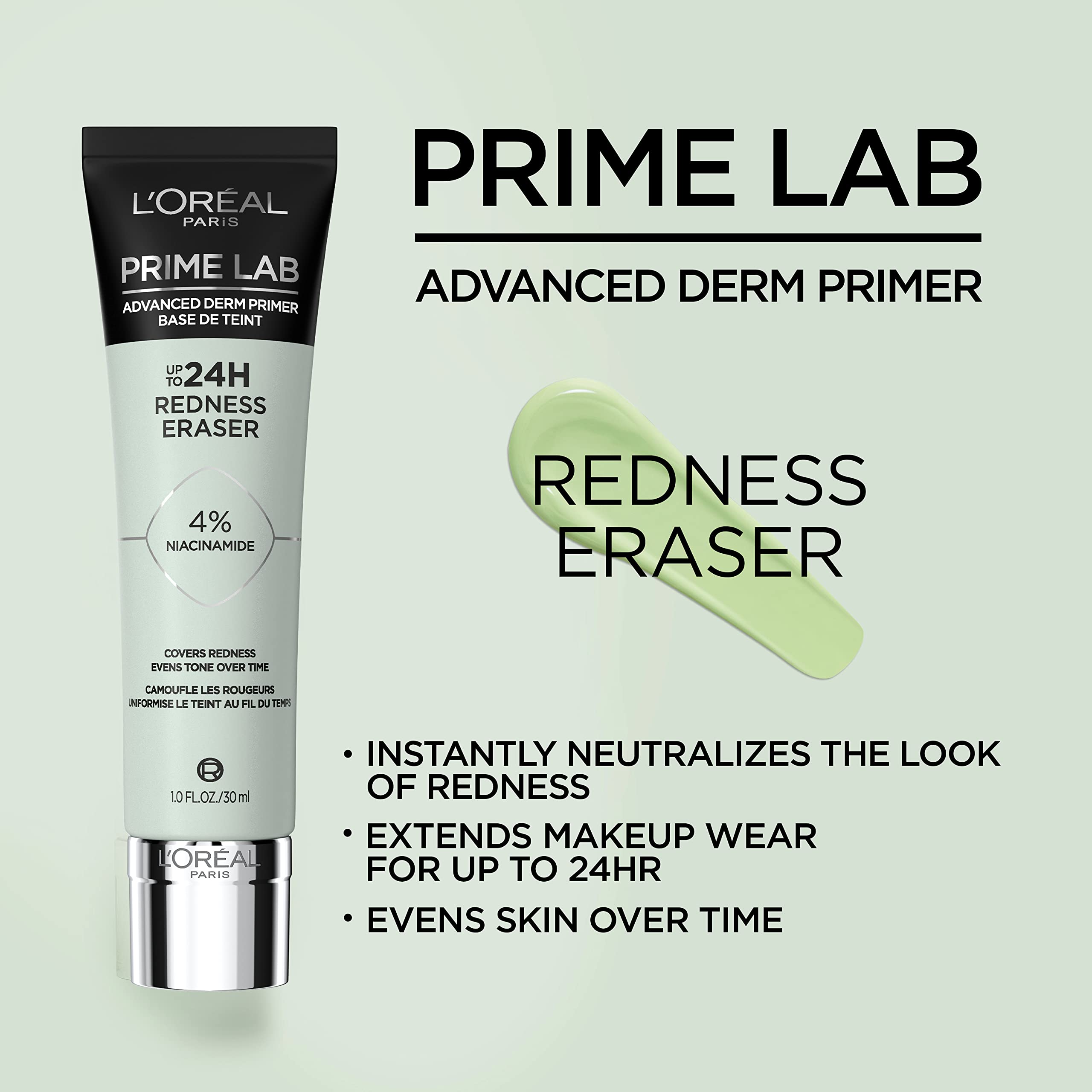 L'Oreal Paris Prime Lab Redness Eraser application swatch highlights redness reduction potential