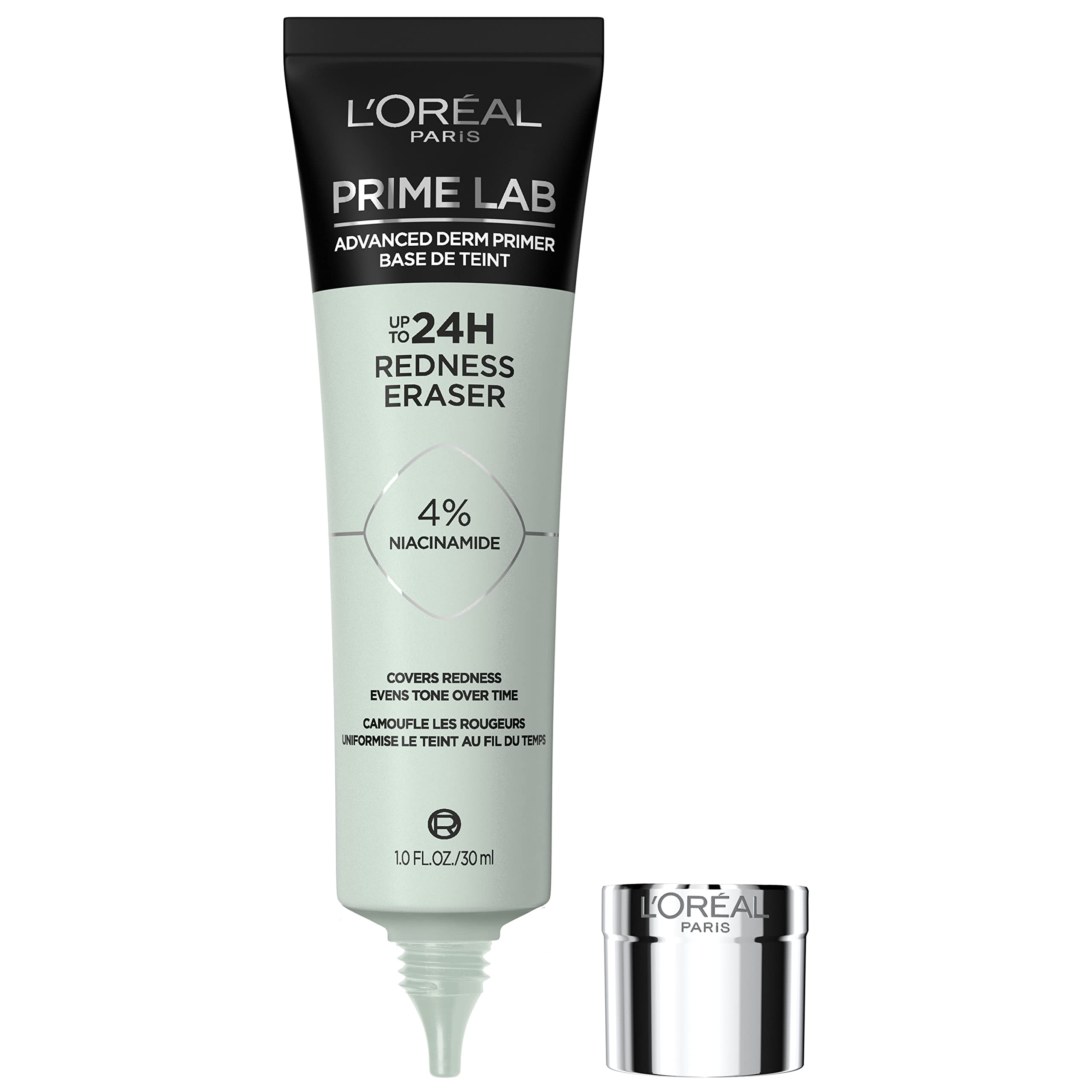 L'Oreal Paris Prime Lab Redness Eraser bottle shows Niacinamide for calmer skin