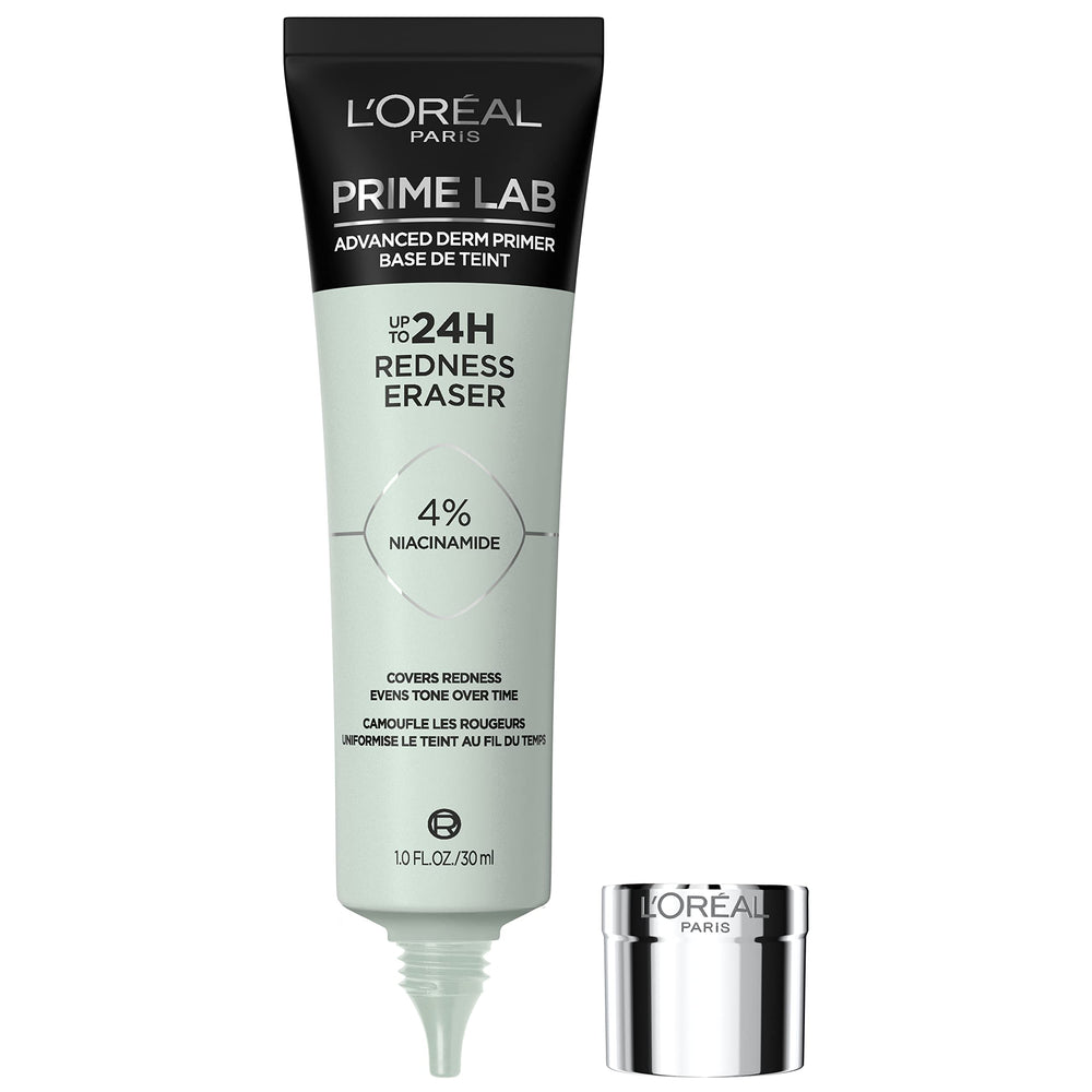L'Oreal Paris Prime Lab Redness Eraser bottle shows Niacinamide for calmer skin
