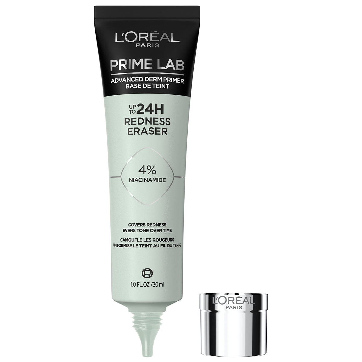 L'Oreal Paris Prime Lab Redness Eraser bottle shows Niacinamide for calmer skin