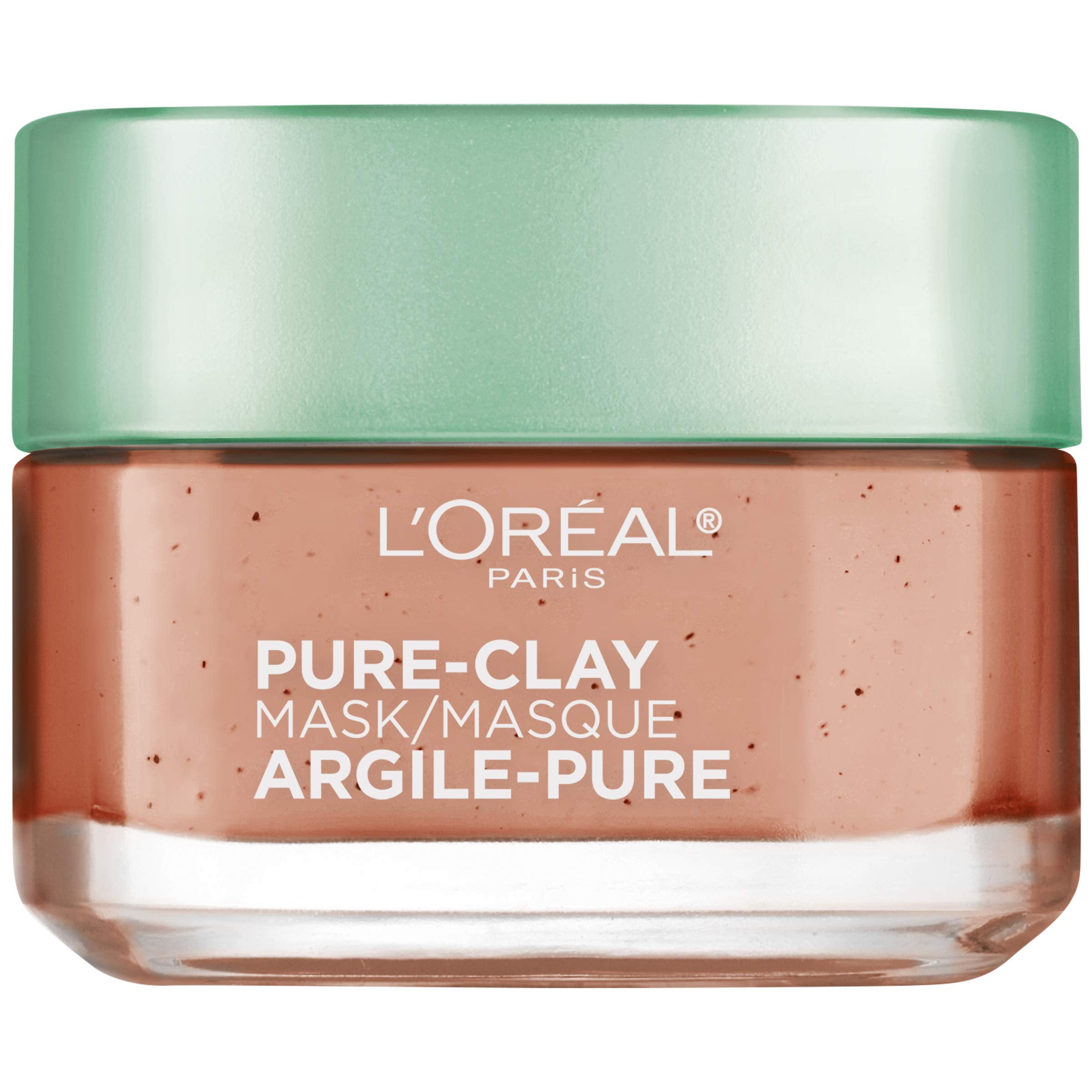 L'Oreal Paris Pure Clay Mask jar close-up with red algae for pore refining.