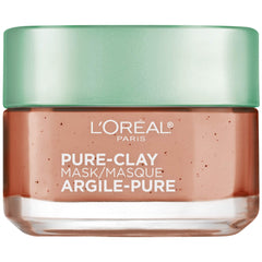 L'Oreal Paris Pure Clay Mask jar close-up with red algae for pore refining.