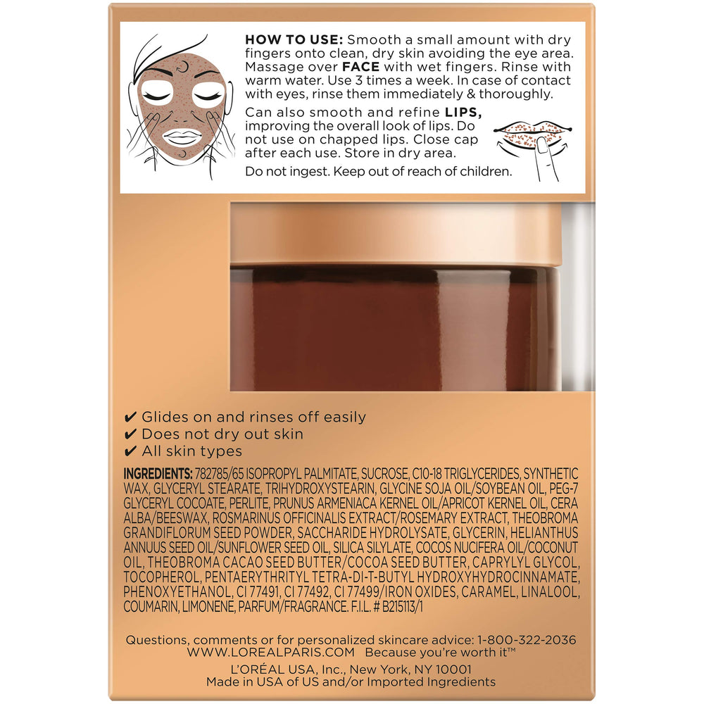 Face application demonstrates smoothing exfoliation on facial skin.
