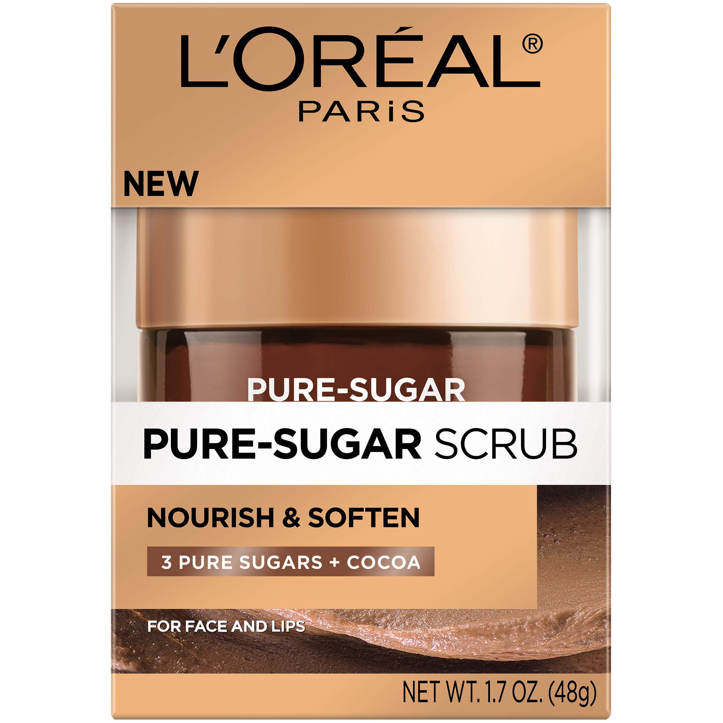 Close-up of texture with brown, blonde and white sugars for gentle exfoliation.