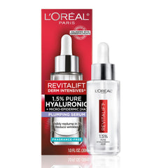 L'Oreal Paris Revitalift 1.5% HA Serum bottle shows premium hydration for dewy skin.