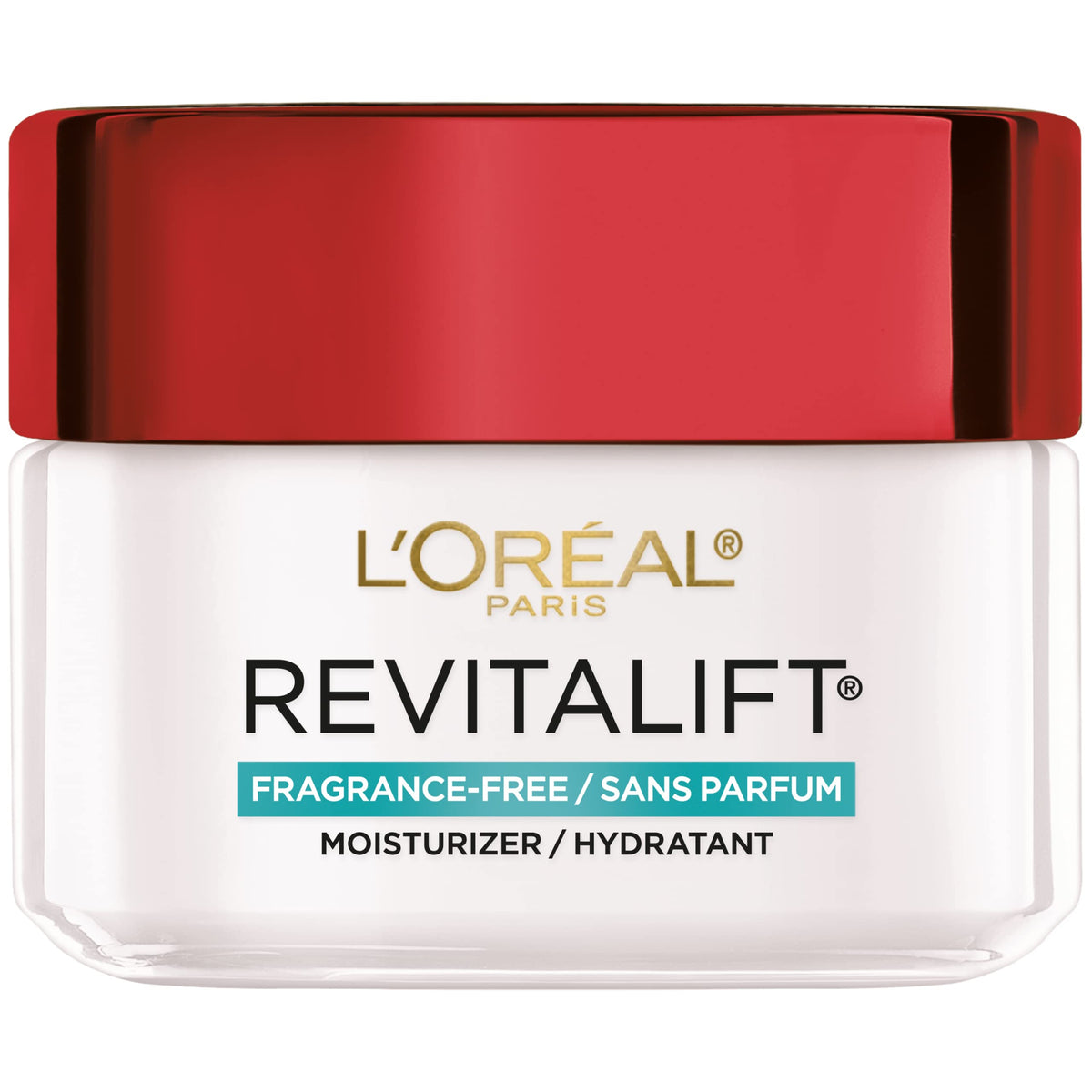 L'Oreal Paris Revitalift cream jar shows fragrance-free smoothing for aging skin.