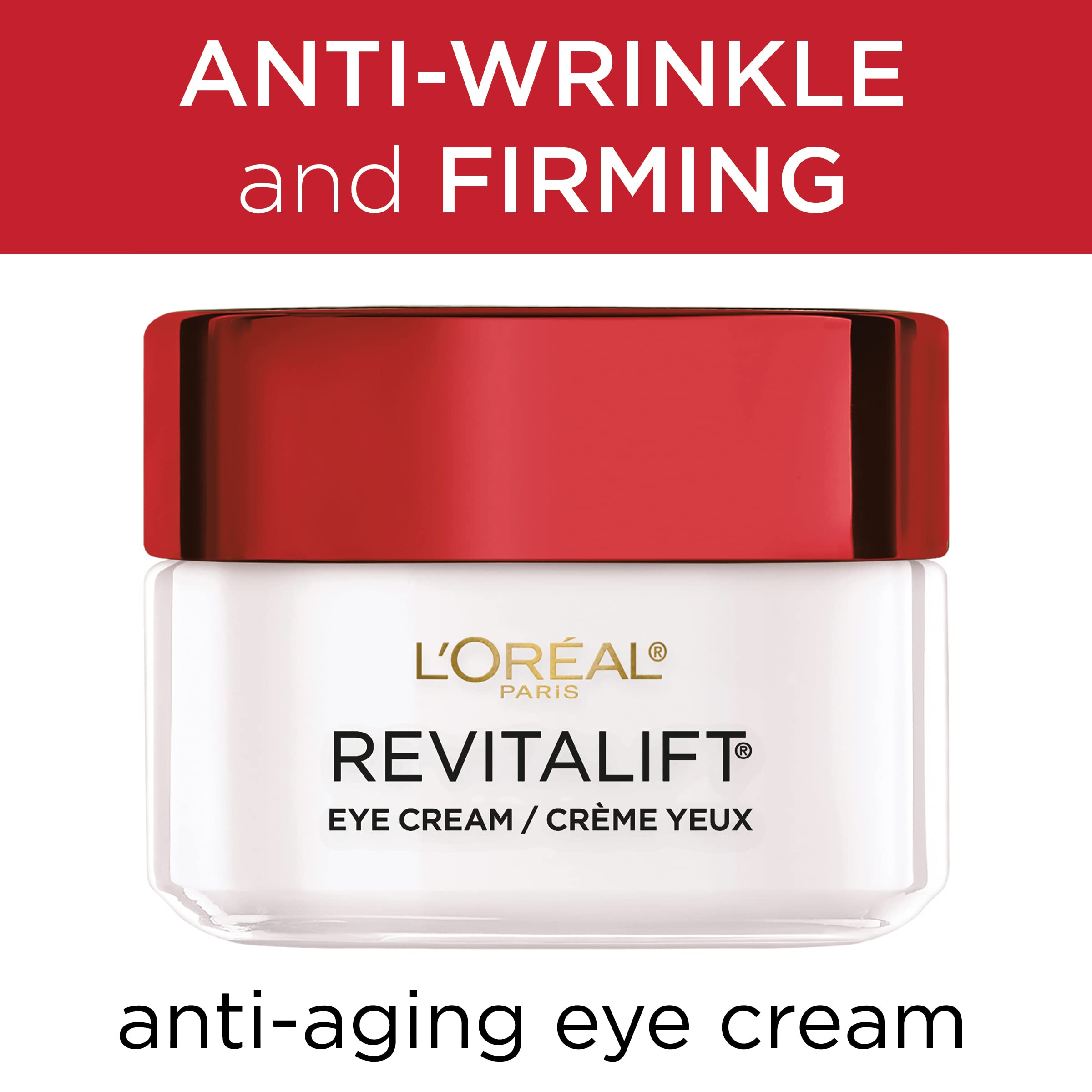 L'Oreal Paris Revitalift eye cream contact lens-safe icon indicates compatibility for wearers.