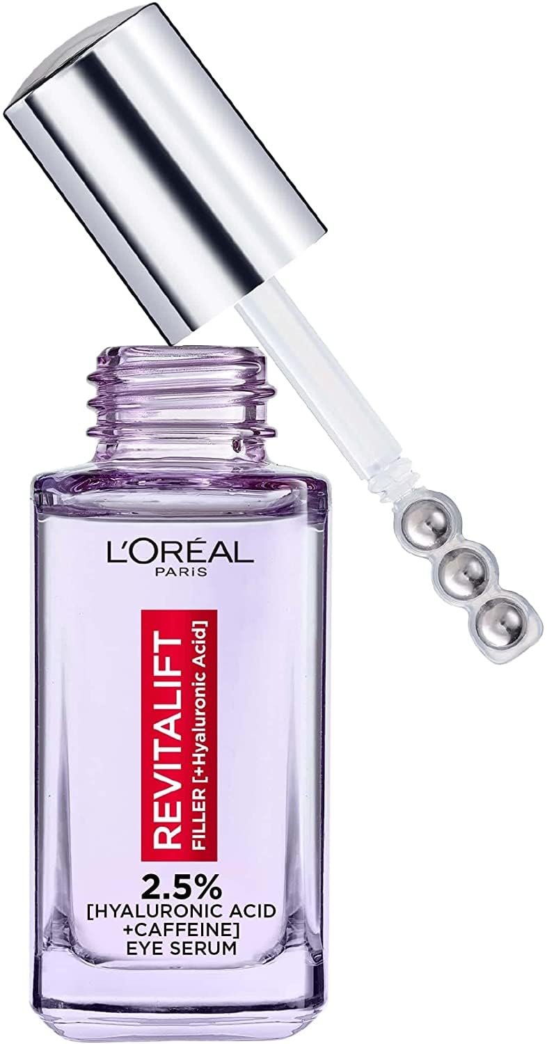 L'Oreal Paris Revitalift Filler Eye Serum bottle delivering hydrating under-eye refresh.