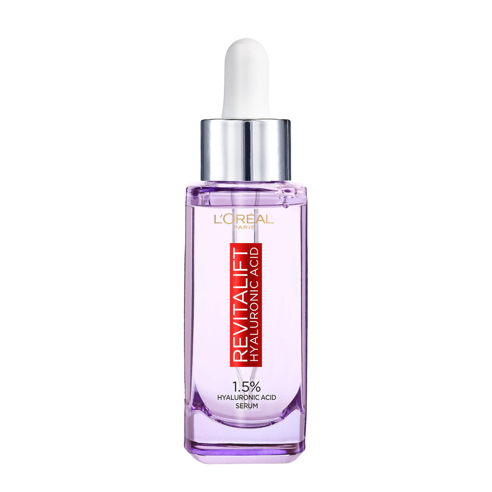 L'Oreal Paris Revitalift Filler Serum bottle closeup shows concentrated hydration for plump skin.