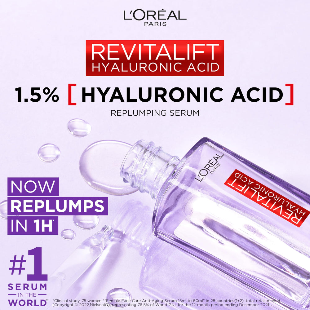 L'Oreal Paris Revitalift Filler Serum graphic of three HA types for layered hydration.