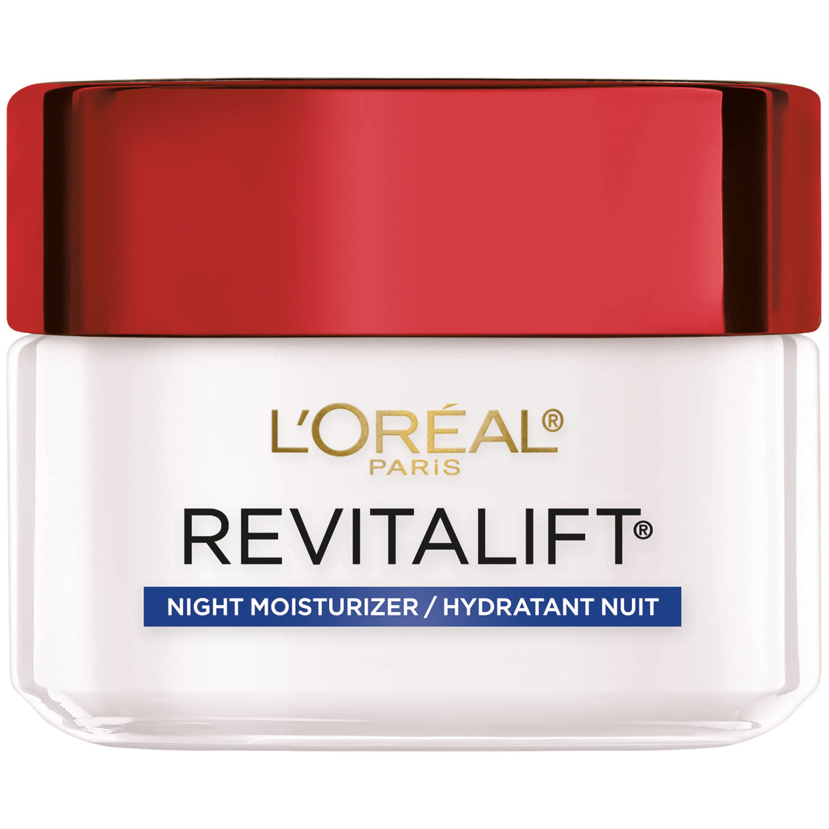 L'Oreal Paris Revitalift night cream bottle closeup for anti-aging care.