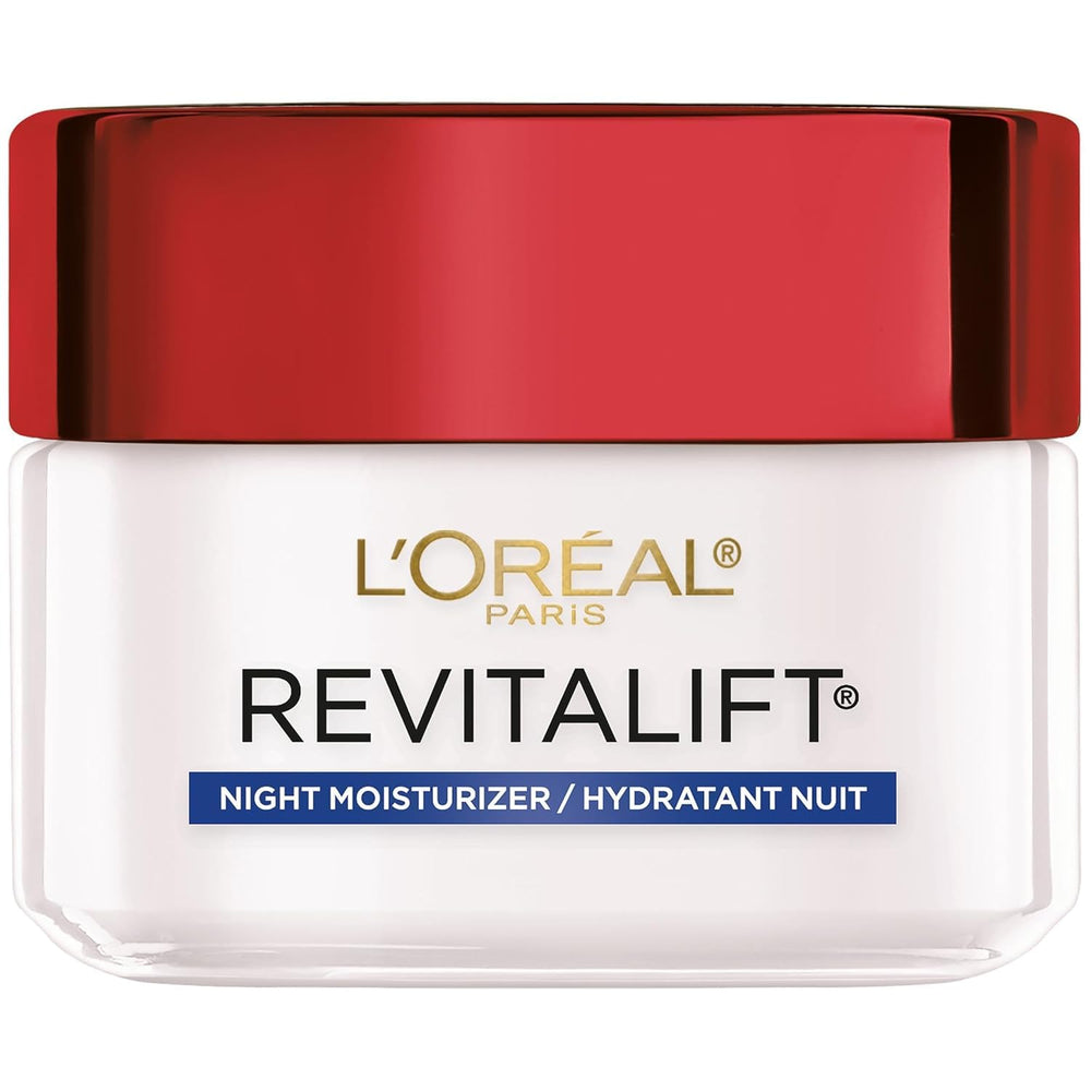 L'Oreal Paris RevitaLift night cream packaging front emphasizing premium anti-wrinkle care