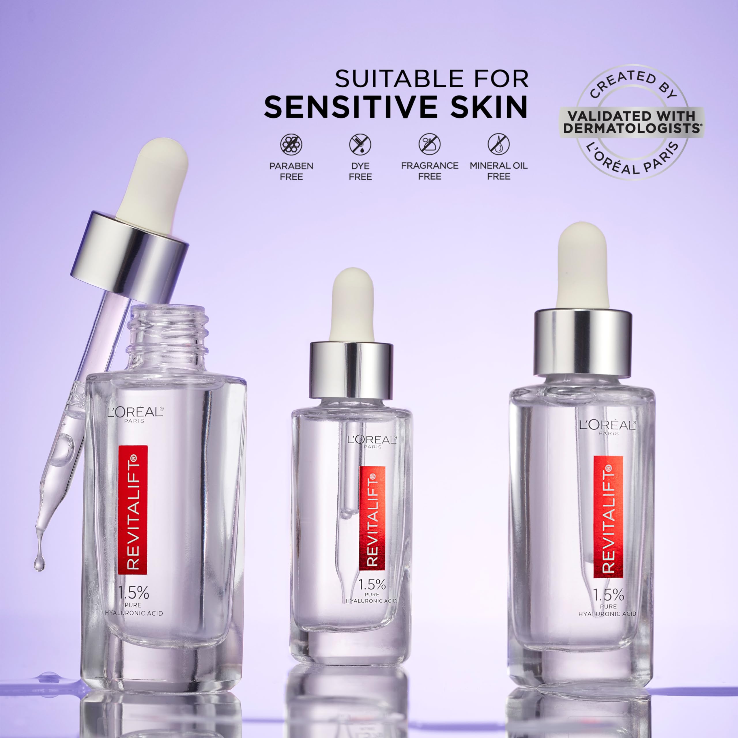 L'Oreal Paris Revitalift ingredients graphic shows hyaluronic acid and vitamin C.