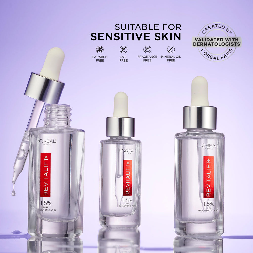 L'Oreal Paris Revitalift ingredients graphic shows hyaluronic acid and vitamin C.