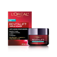 L'Oreal Paris Revitalift Triple Power bottle front shows fragrance-free anti-aging cream for firmer skin.