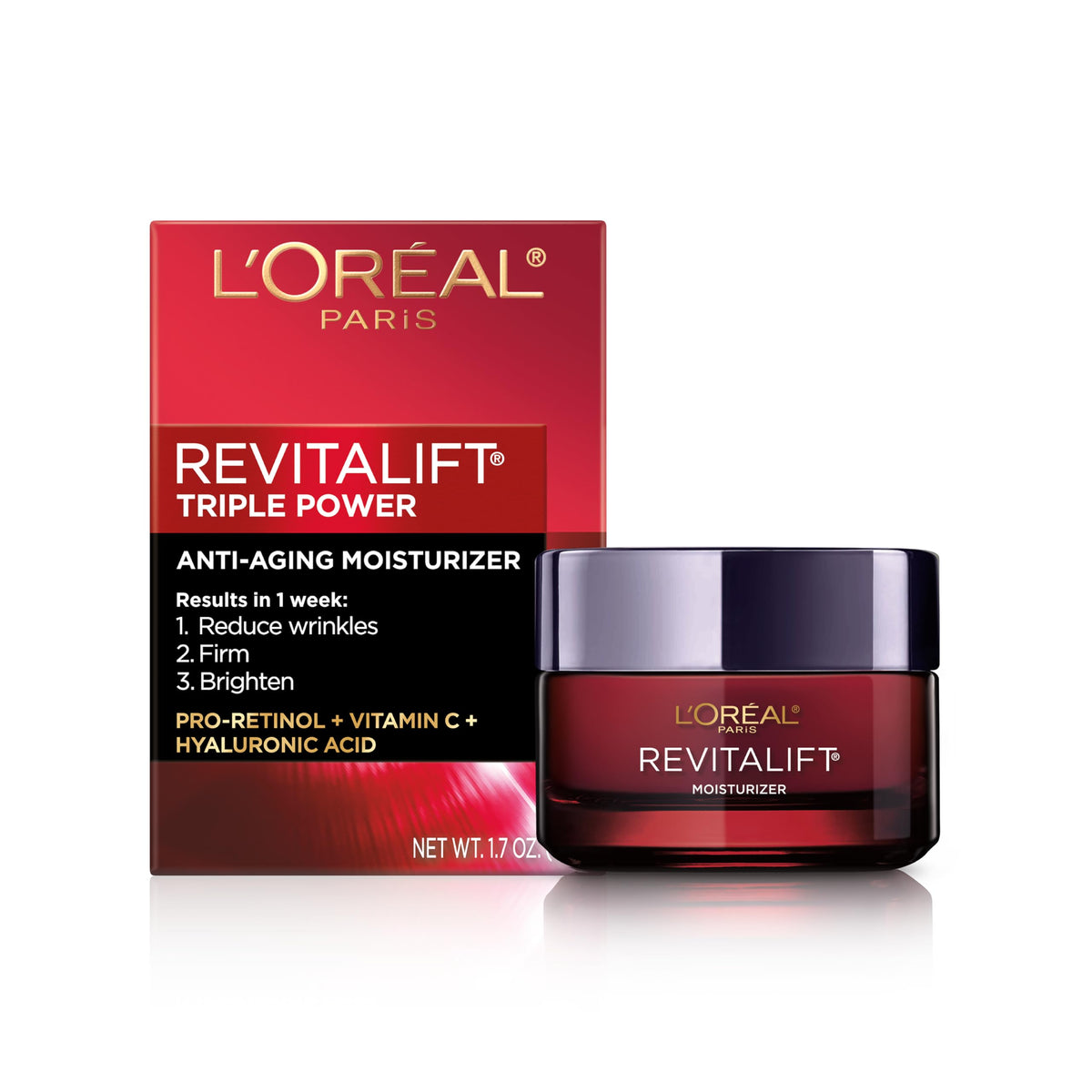 L'Oreal Paris Revitalift Triple Power cream jar close-up showing wrinkle-reduction potential
