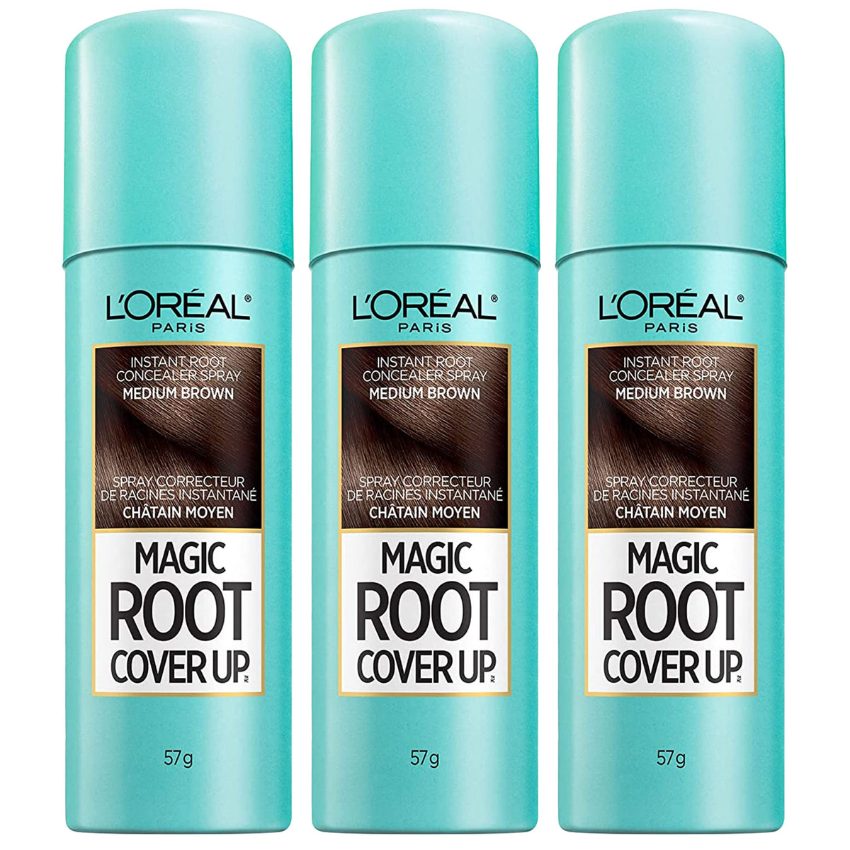 L'Oreal Paris Root Cover Up spray shown applying to hair to hide gray roots.